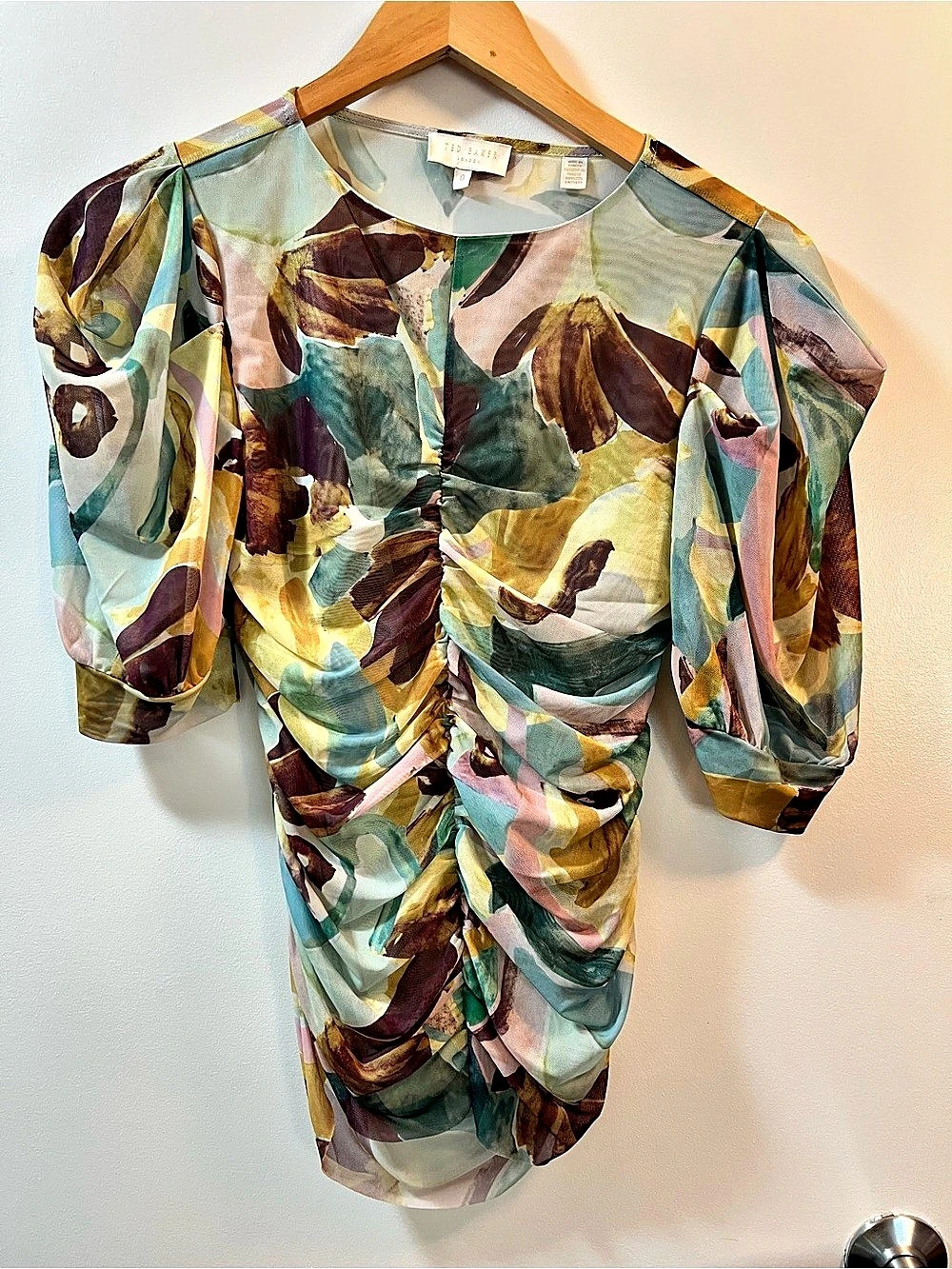 Ted Baker Vyoll Drape Sleeve Mesh Top Abstract Ruched Blouse in Green & Yellow